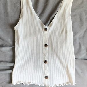 White tank with brown buttons, stretchy